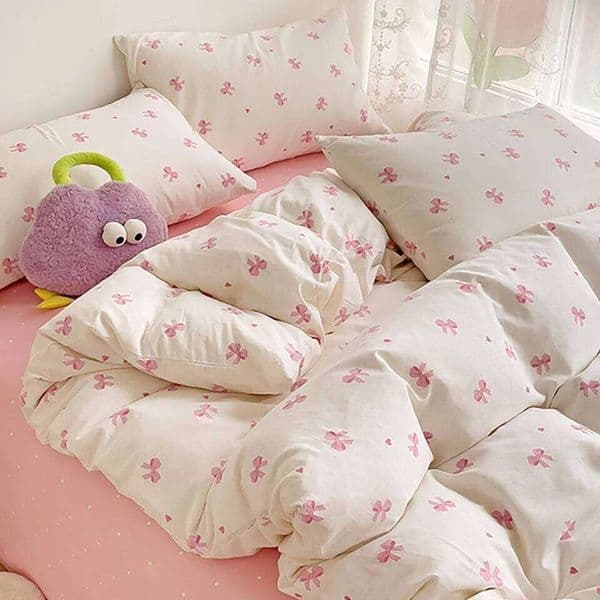 3pcs Pink Bow Duvet Set with 2 Pillowcases, Cozy and Breathable Quilt Cover Suitable for All Seasons 26Y0205