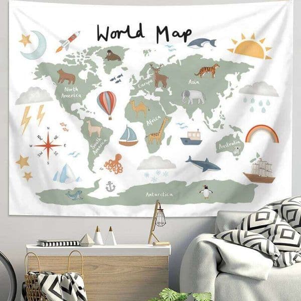 VIKAMA Ins Scandinavian World Terrain Children's Room Wall Decoration Cartoon Animal Map Bedside Background Tapestry 26H0205