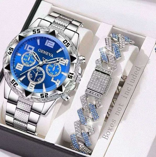 2PC Men's Business Trend Digital Scale Blue Circular Dial Quartz Watch Bracelet Set Perfect Gift for Friends or Dad H260205