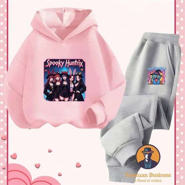 Cool KPop Demon Hunters Children Girls Little Boys 2 Piece Hoodie Set Cute Cartoon Print Windproof Warm Autumn Winter Stylish X260205
