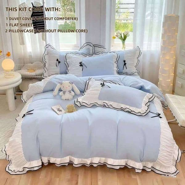 4pcs Blue Bow Duvet cover set 1*Duvet Cover + 2*Pillowcase+ 1flat sheet Bedding Set, Soft Comfortable 26Y0205