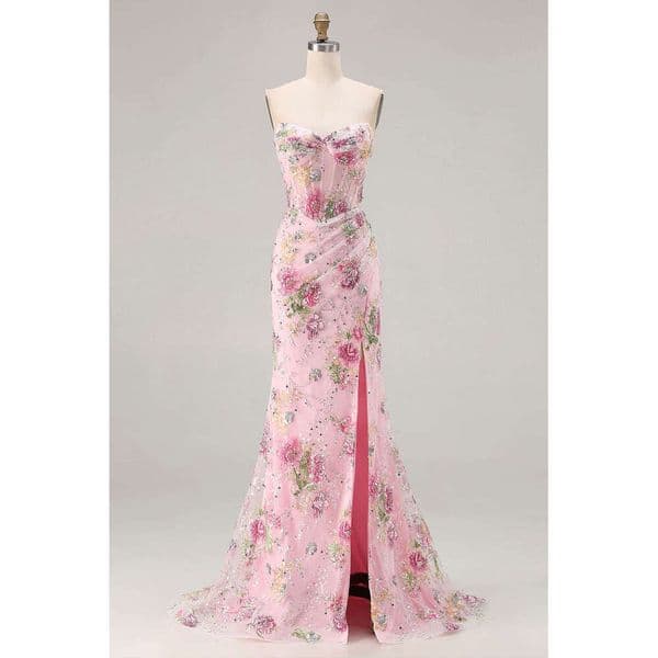 Sparkly Mermaid Strapless Corset Appliqued Sequin Pink Long Prom Dress with Slit