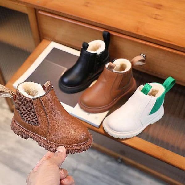 Toddler Winter New Kids Thick Plush Warm Boots Side Zipper PU Leather Waterproof Children Snow Boots Kidsnest Boys Girls Non-slip Plush Cotton Shoes Size US 5C-12.5C