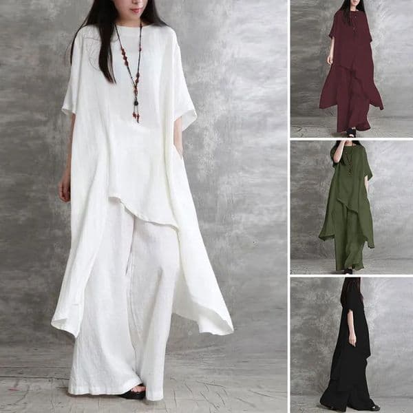 Women Cotton Linen Pant Sets 2 Pieces Casual Half Sleeve Solid Loose BlouseHigh Elastic Waist Wide Leg Full Trousers Suits 260120