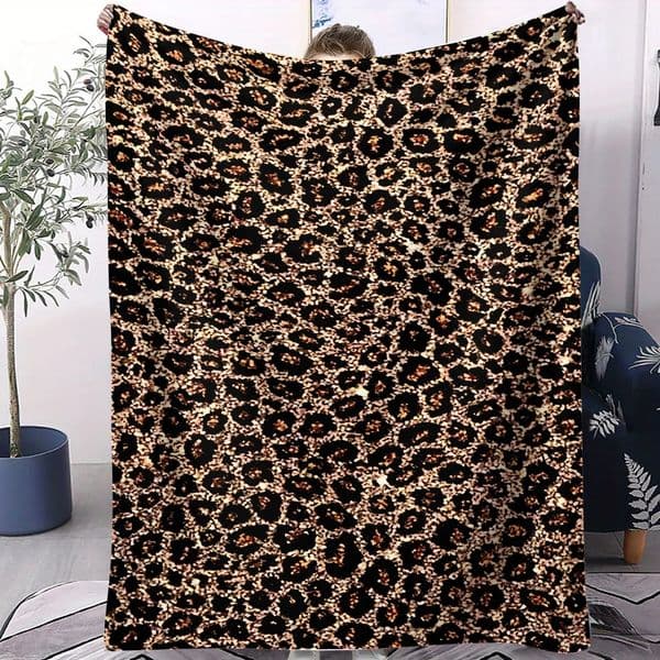 Brown Gold Furry Leopard Print Blanket - Luxe Wild Style Fleece Throw for Living Room Bedroom Home Decor Adults Cozy Gift 260130