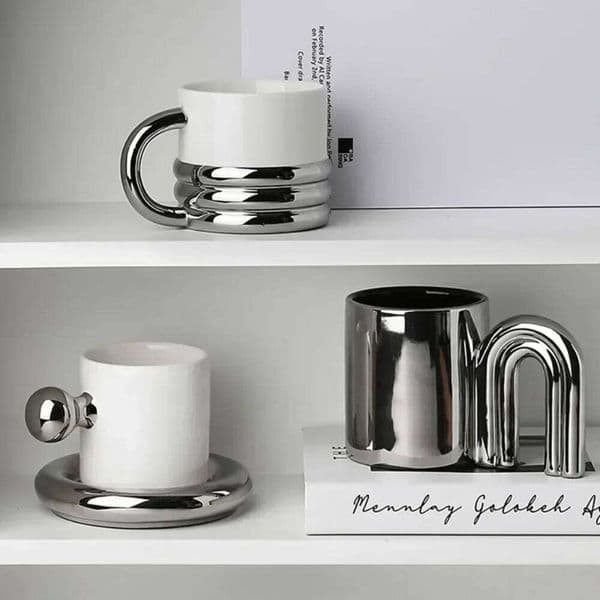 Livetai Stylish Silver Coffee Mug Set, Elegant Durable Drinkware Ceramic Cups Gift for Women, Home & Office Use 26W0204