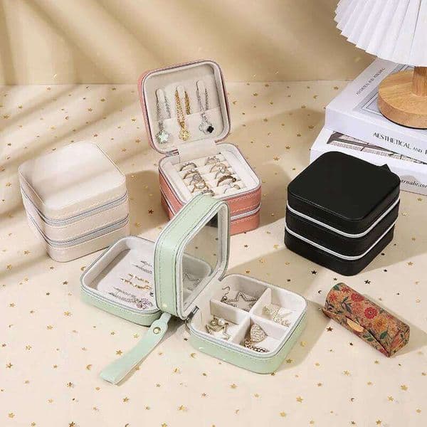 Multifunctional PU leather going out portable ring necklace high-end zipper with mirror mini jewelry storage box 26Y0206