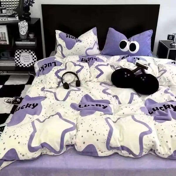 Korean y2k Bedding Bed Flat Sheet Pillowcase Duvet Set Kids Adults Queen Full Twin Size Purple Pentagram Quilt Cover XJ251225