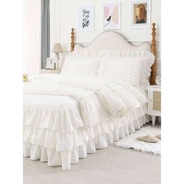 100% Premium Cotton Bedding Four Piece Set, Fairy Wind Lolita White Skirt Bed Sheet Quilt Cover, Ruffle Edge Duvet Cover Set XJ251225