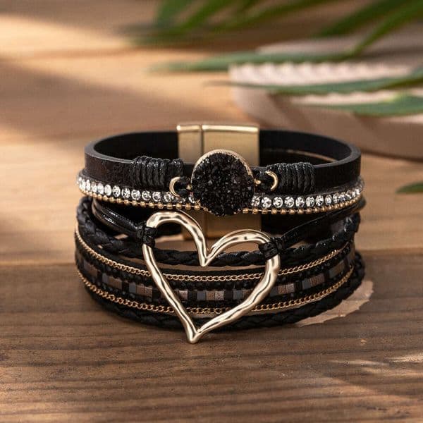 Personalized Design Sense Stacked PU for Women Ins Bohemian Heart Woven Inlaid Diamond Bracelet Trend