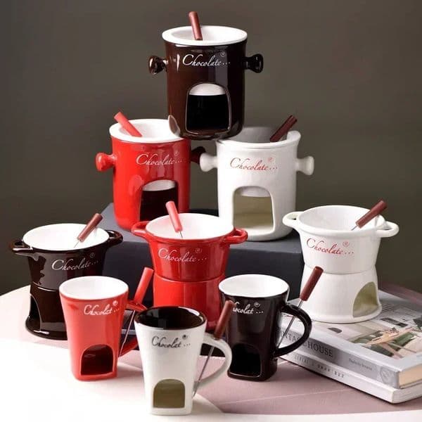 Ceramic Chocolate Chafing Dish Cup with Fork Candle Pot Melting Chocolate Mug Tableware Creative Household Drinking Utensils 260128