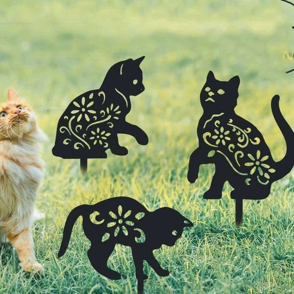 Metal Black Silhouette Cat Garden Outdoor Statues Animal Stakes for Yard Decor Lawn Ornaments 26H0206