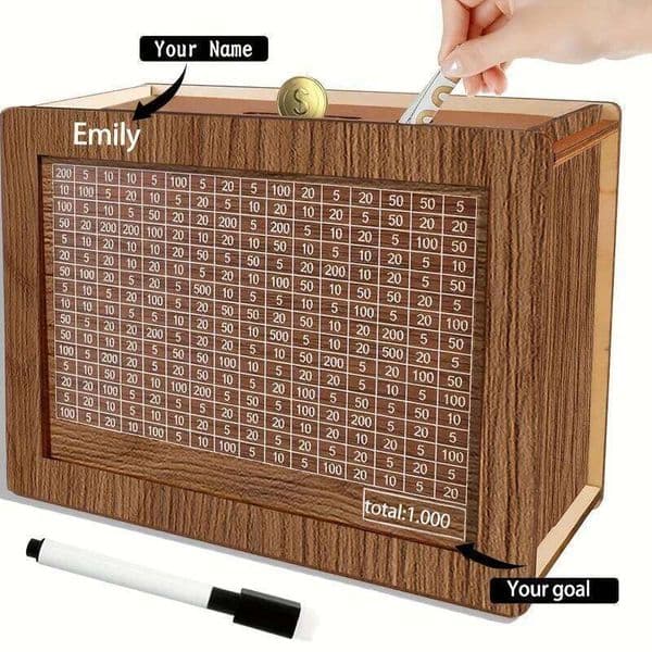 Wooden Reusable Handmade Money Box, Piggy Bank with Goal and Numbers To Check for Helps The Habit of Saving 26W0206