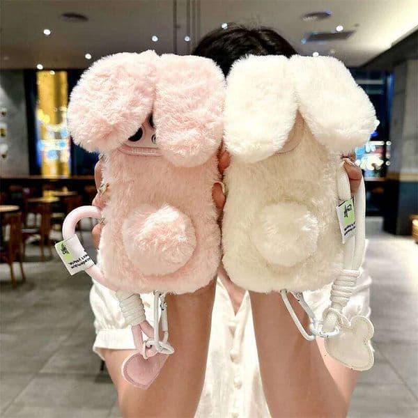 3D Cute Cartoon Rabbit Ears Warm Furry Plush Bunny Phone Case With Lanyard For iPhone 15 14 13 12 11 16 Pro Max Shockproof Cover J260205