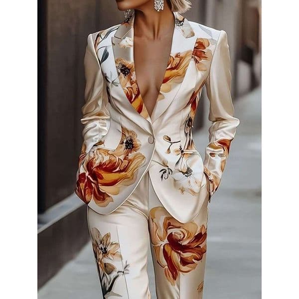Women's Sexy Deep V Satin office suit 2pcs Set Winter White Glossy Long Sleeved One Button Jacket&Straight Leg Pants Vacation