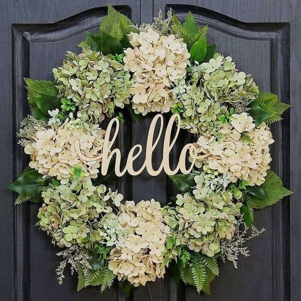 Hot 40cm Handmade Hydrangea Green White Artificial Spring Summer Farmhouse Floral Flower Wreath For Front Door 26W0206