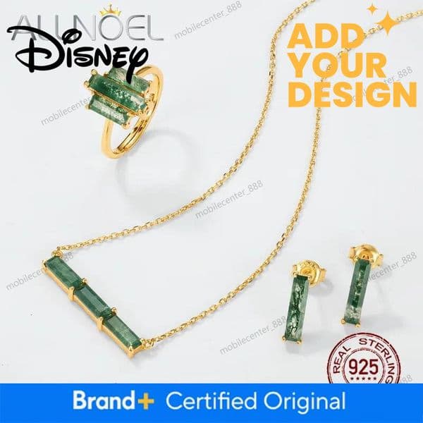 Disney Designer Jewelry ALLNOEL 1 Set Natural Green Moss Stone Agate Earring Ring Necklace Set for Women Elegant 10k Gold Plated Wedding Fine Jewelry luxury jew