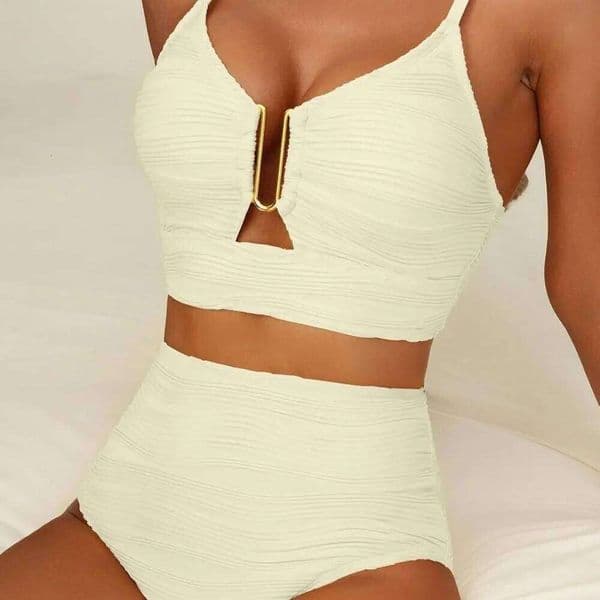 Solid Color Women's Fashionable Elegant Split Style Hollow Personality Swimsuit Chest Cushion No Steel Support Bikini Z260206 thumbnail 2