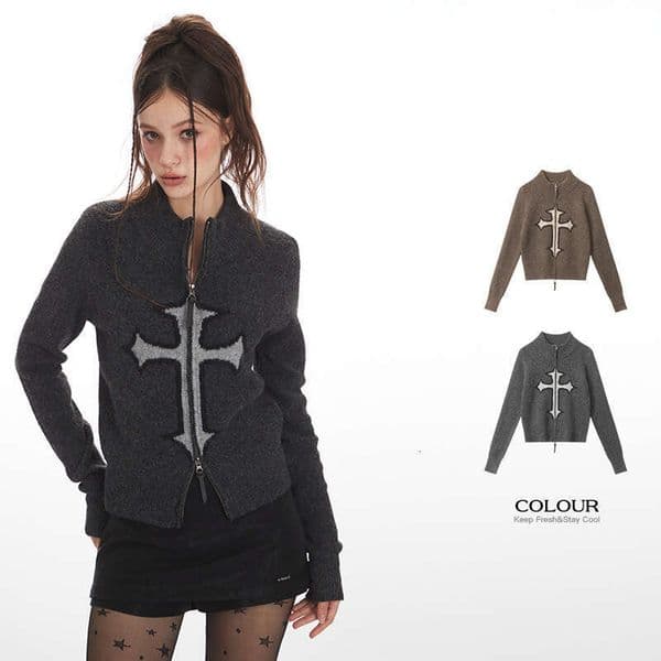 Heyhenry American Retro Short Slim Fit Long Sleeve Knitted Cardigan Zipper Front Regular Shoulder Base Layer Sweater