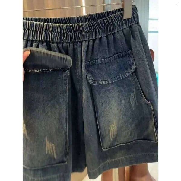 Women's Dark Wash Denim Elastic Waist Distressed Loose Fit Casual Daily Summer Shorts C260206