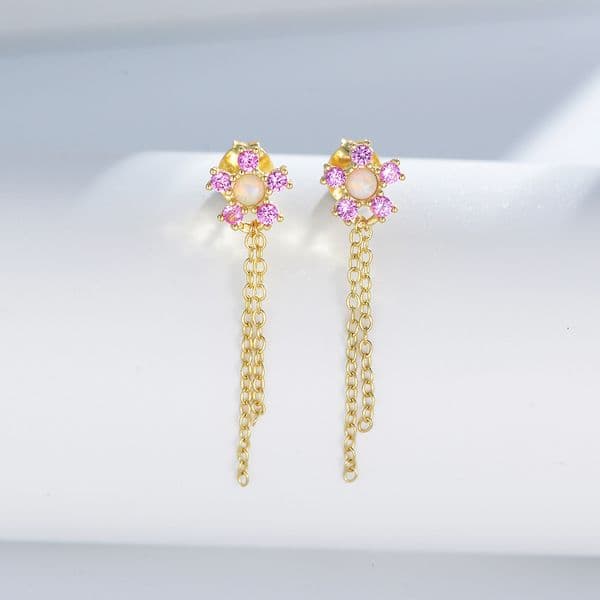 S925 sterling silver diamond-studded chain tassel earrings, versatile stylish floral design, trendy and luxurious earrings