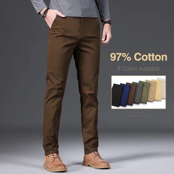 97 Cotton Mens Casual Pants Autumn Fashion Comfortable Elastic Slim Straight Business Trousers Black ArmyGreen Khaki 260130BJ
