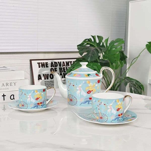 Astronaut Blue Bottom One Pot Double Cup Saucer Bone China Coffee British Afternoon Tea Set B5