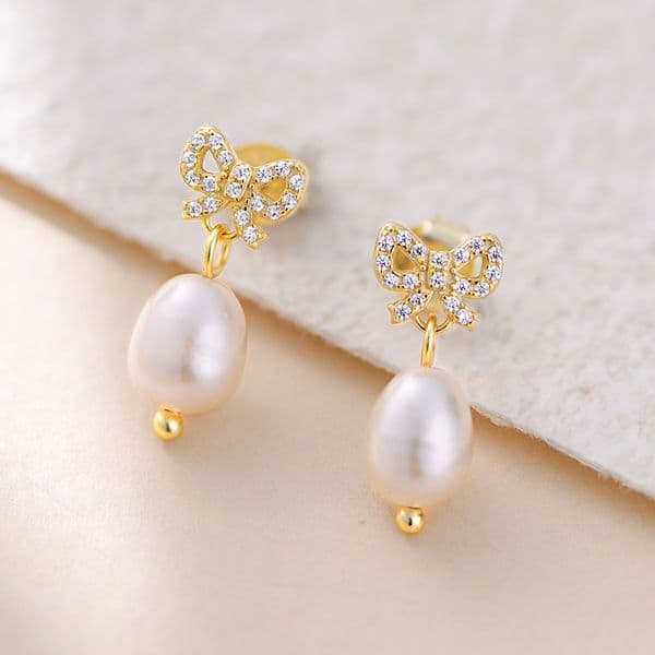 925 sterling silver elegant diamond-studded bow natural pearl for women, light luxury ins fresh style earrings