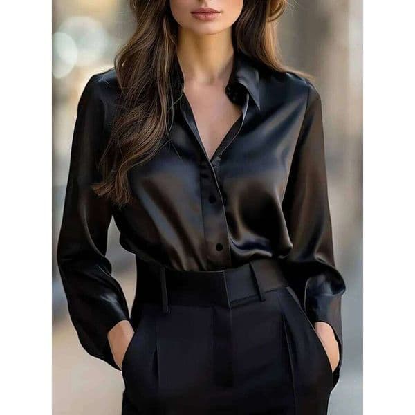 Elegant Satin Long Sleeve Blouse Women Button-Up Collar Shirt Perfect for Casual or Professional Wear 26W0206