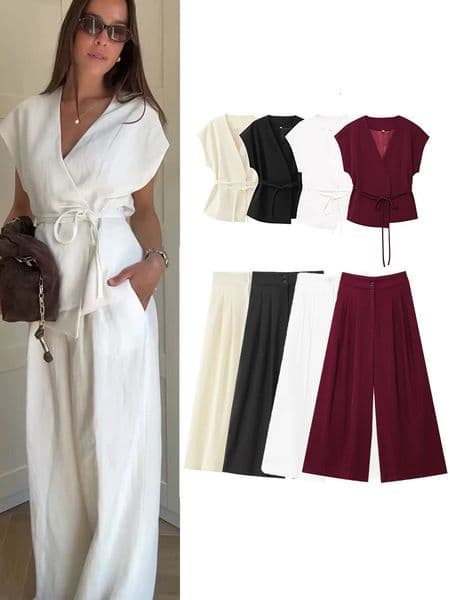 TFMLN Fashion Womens Trouser Suits Sleeveless V-Neck Top With Belt Straight Pants Sets 2025 Spring Summer Commuter 2 Piece Set 260122