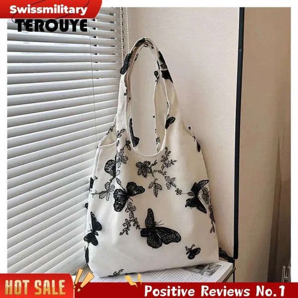 Summer Leisure Butterfly Canvas Large Capacity Shoulder Bag With Unique Flower Women's Multi Functional Handbag TEROUYE