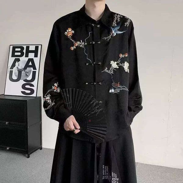 2025 Embroidery Shirt Spring Autumn Dark Black Long Sleeved Outwear Vintage Niche