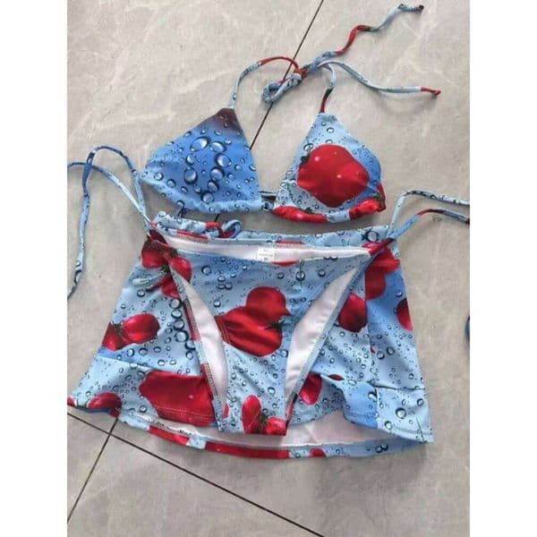 Korean women's cute tomato pattern three piece party bikini neck tie set fashionable and versatile daily Z260206