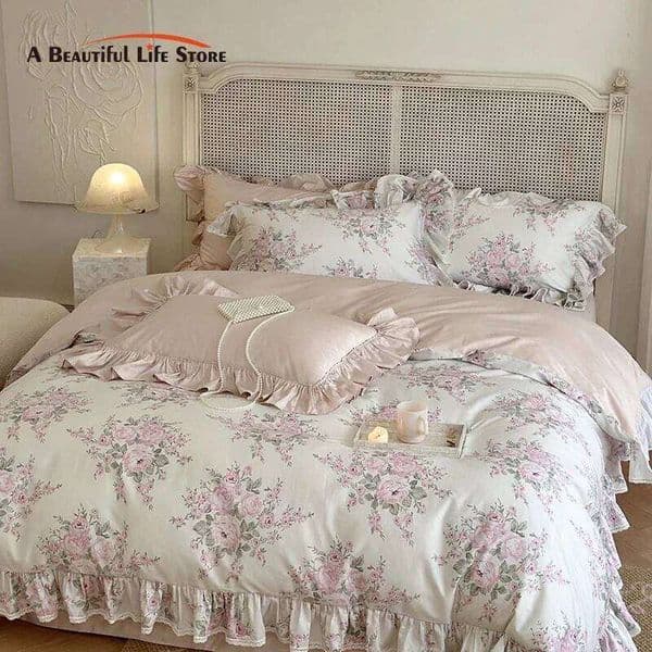 French Rose Flowers Print Lace Ruffles Bedding Set, Egyptian Cotton Duvet Cover, Bed Sheet, Pillowcases, Luxury Vintage, 1000TC XJ251225