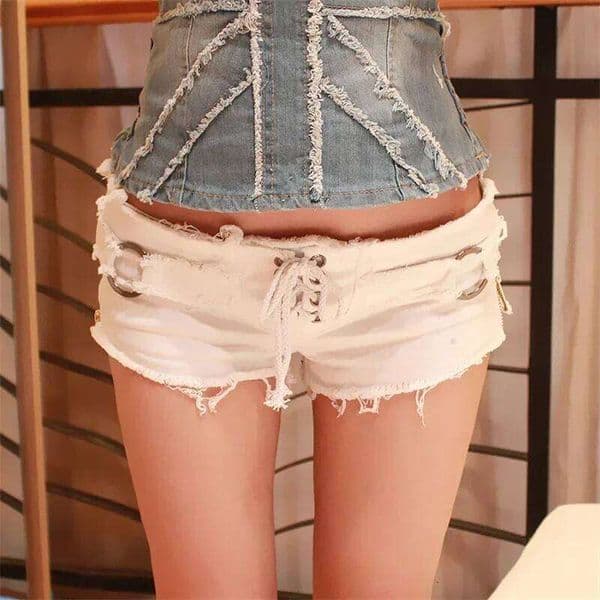 Women Side Zipper Splice Denim Shorts Lace-up Open Crotch Ultra-short Trousers Casual Three Quarter Pants Female Sexy Streetwear H260206