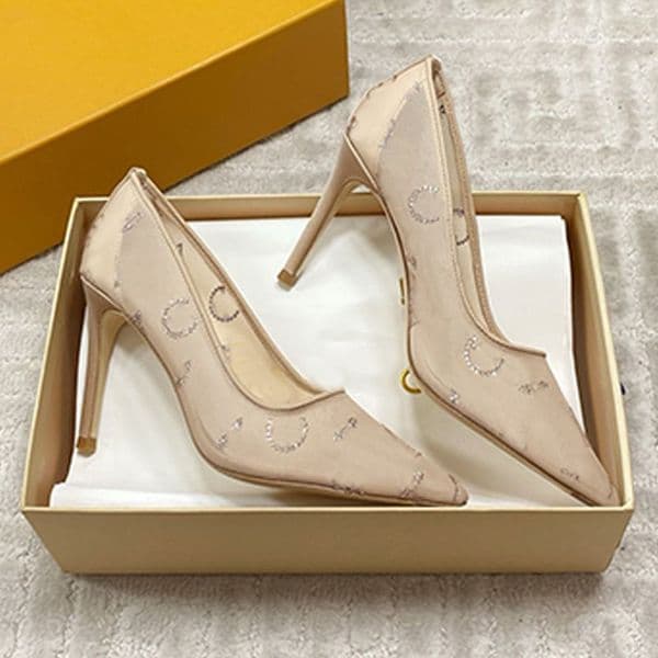 Luxury Mesh Embroidered Rhinestones 1AID Gala Pump Women sophisticated evening ready style pointed toe high stiletto heel Leather outsole Nude Beige Stiletto Heel