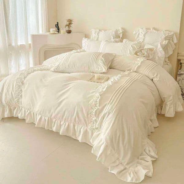 Korean Princess Bedding Set - 4PC Lace Trim Duvet Cover + Pillowcases Solid Color, Queen/King Size for Girls XJ251225