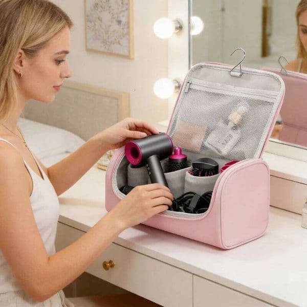 Large Capacity Hair Dryer Storage Bag PU Leather Waterproof Double Layer Non Slip Interior for Travel Salon Home Organization 26H0206