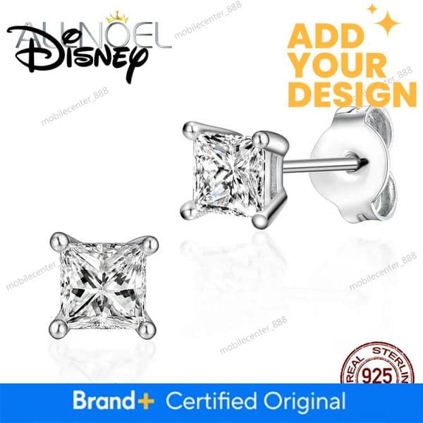 Disney Designer Jewelry ALLNOEL Crystal 5A Zircon 925 Sterling Silver Square Round Stud Earrings for Women Men Piercing Ear Stud Hypoallergenic 5mm 6mm luxury j