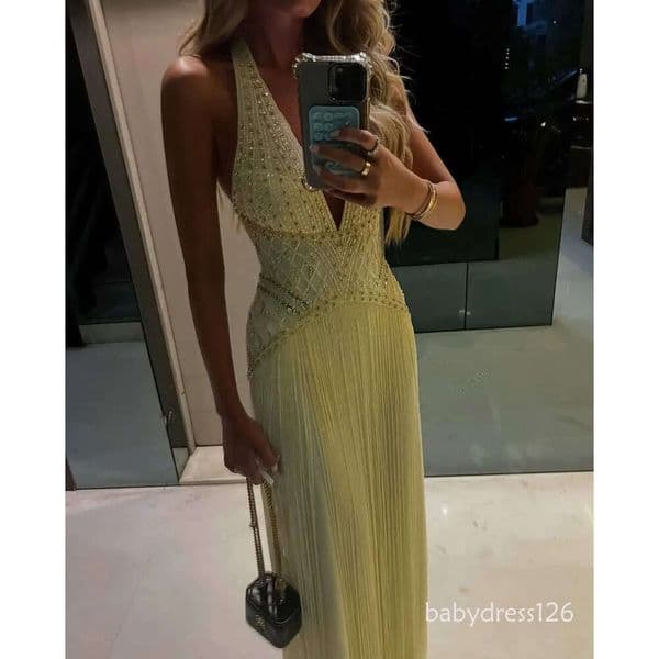 Fashion Luxury Crystal Beadings Sequins Glitter Evening Dress Sexy V Neck Backless Tassel Prom Party Gowns Women Formal Occasion Robes de soiree BC20476