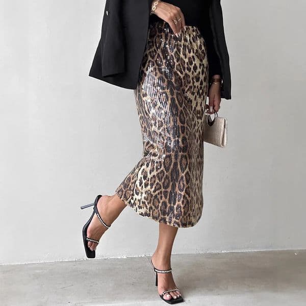 Leopard Pattern Allover Sequin Skirt Women High Waist Fashion Casual Ankle Length Skirt 260122