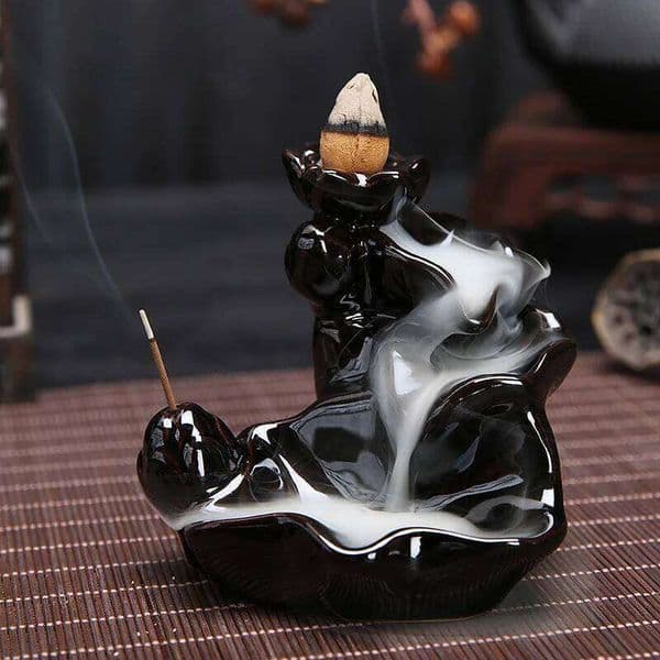 Ceramic Waterfall Backflow Incense Burner, Lotus Buddha Hand Design, Misty Smoke Effect for Zen Meditation, Home Good Luck Decor 26W0206