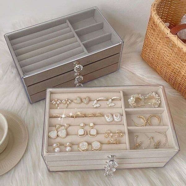 Three Layer Velvet Storage Acrylic Earrings Rings Necklaces Anti-oxidation Jewelry Box 26Y0206