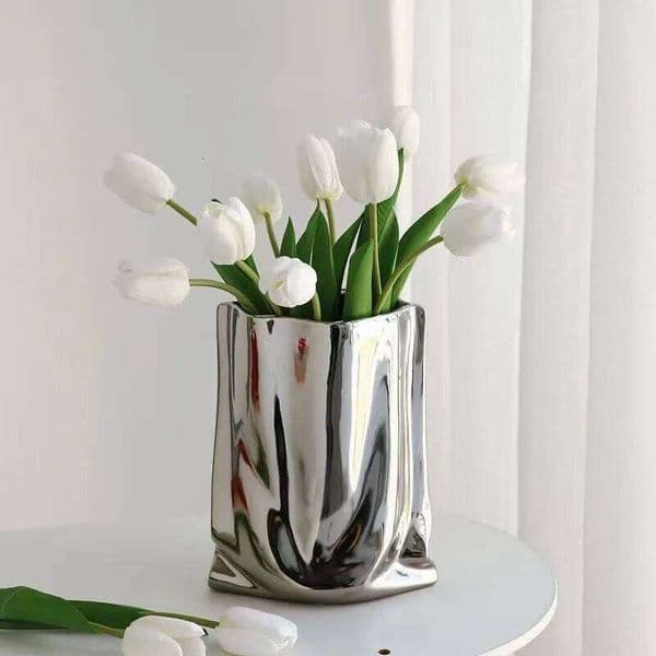 Silver Ruffled Ceramic Vase Porcelain Flower Arrangement Bag Shape Terrarium Home Decoration Vases Pots 26W0206