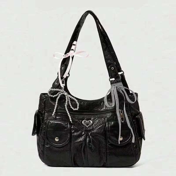 Fashionable handbag with bow pendant, niche design, large capacity women's armpit bag, suitable for commuting to work, shopping, Y260205
