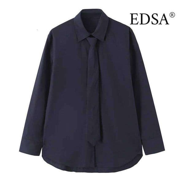 Collared EDSA Women Shirt with Tie Long Slves Rounded Hem for fice Lady Single Breasted Tops 26W0206 L260609