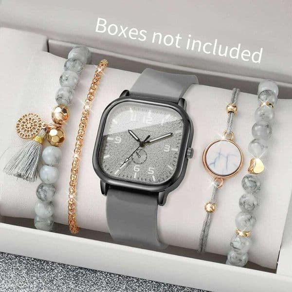 5PCS/Set Women Quartz Watch Fashion Square Arabic Dial Ladies Casual Silicone Strap Wristwatch Bracelets Set Reloj Without Box Z260206