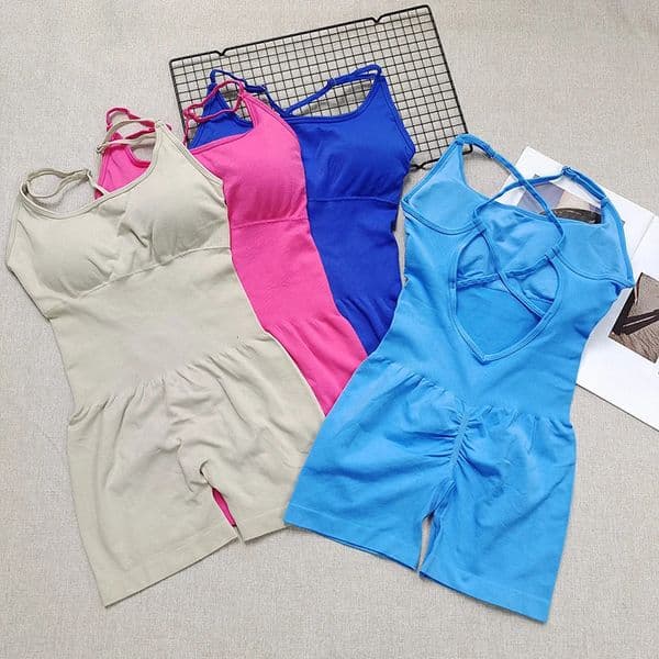 Sexy Seamless Peach Hip Yoga Jumpsuit - Quick-Dry Stretchy Knit Fabric Removable Pads Striped Slim Fit for Wome i260122