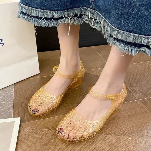 Glitter Jelly Mary Janes Shoes Woman Fairy Style 35cm Heels Wedge Sandals with Ankle Strape Sparkly Sandalias de Mujer 260124