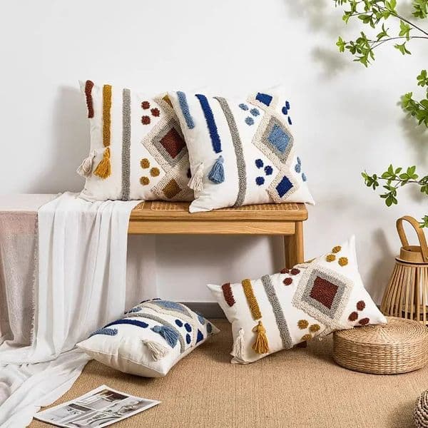 Boho Loop Tufted Cushion Cover Cotton Canvas Handmade Tassel Pillow Decorative Ethnic Embroidered Home Decor Pillowcase 260122